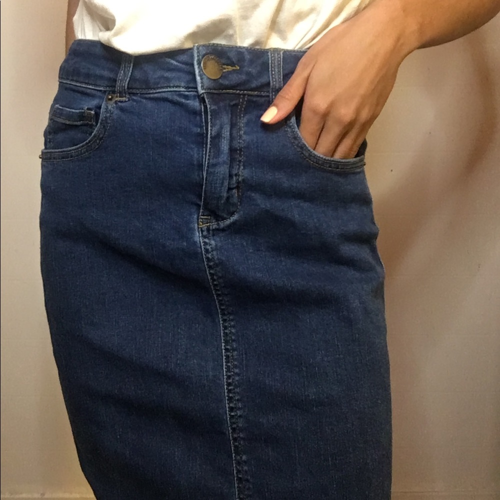 A-line cover knee dark jeans skirt